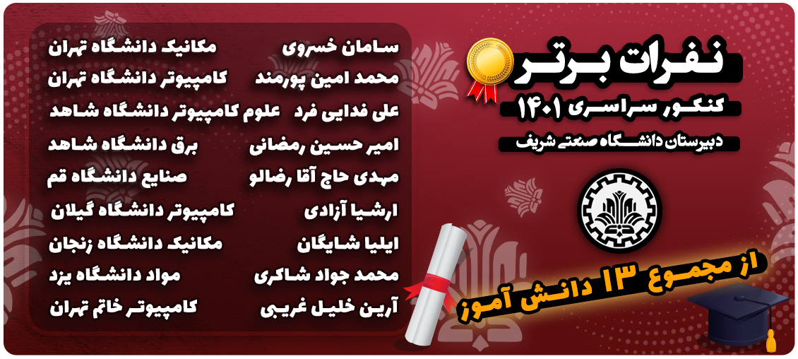 نفرات برتر کنکور سراسری 1401 دبیرستان دانشگاه صنعتی شریف